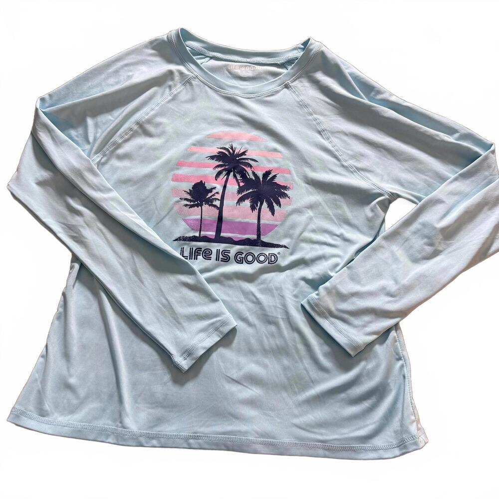 LIFE IS GOOD Womens L Light Blue Palm Trees Long Sleeve Beach Shirt Poly/Spandex